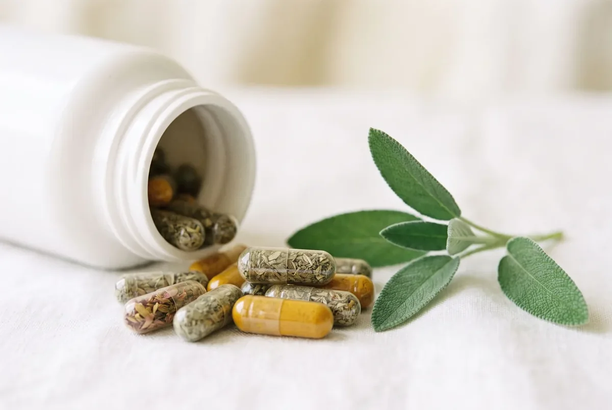 Botanical supplement capsules beside a sprig of sage