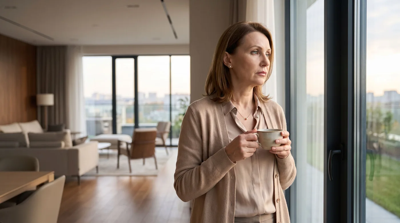 A well dressed woman standing by a large window in her modern living room at dawn, holding a cup of tea and gazing out with a tired, pensive expression