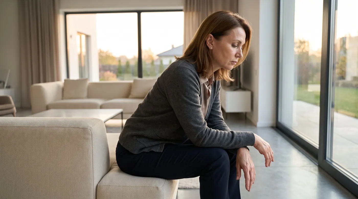 A woman sitting at home by a large window in soft evening light, looking drained and pensive