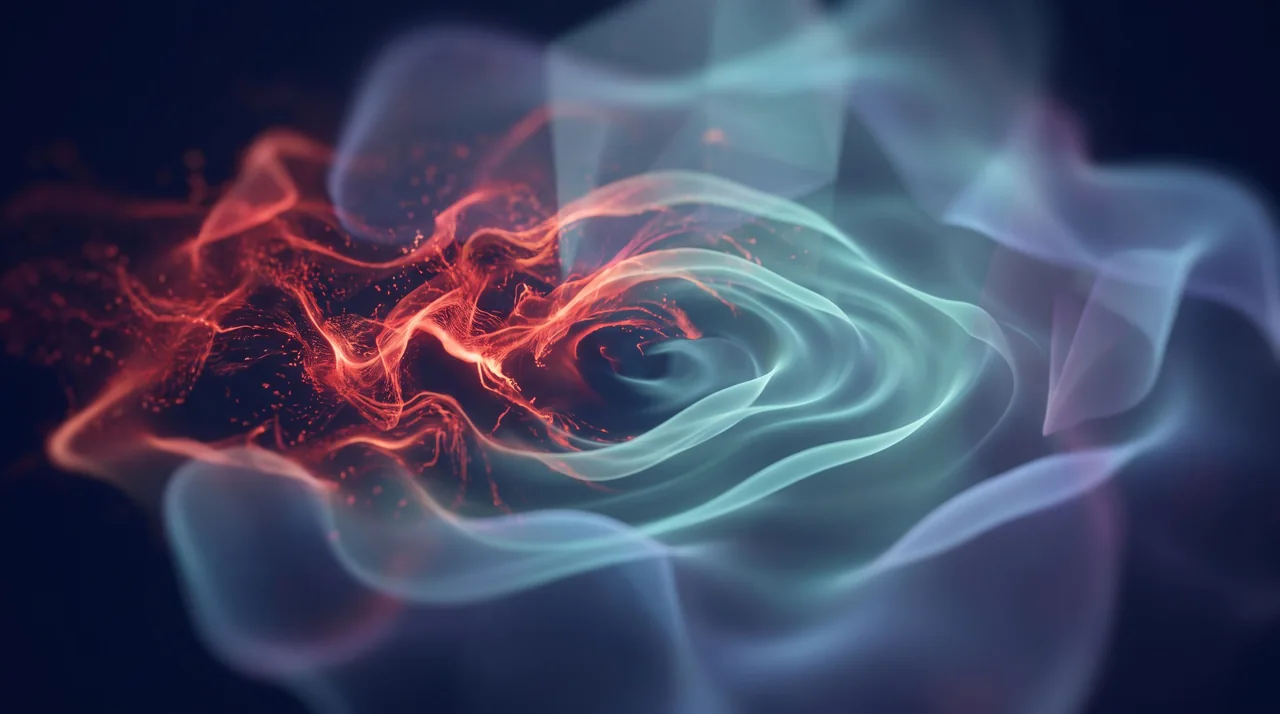 Abstract render of an overheated red energy flow settling into calm cool teal waves