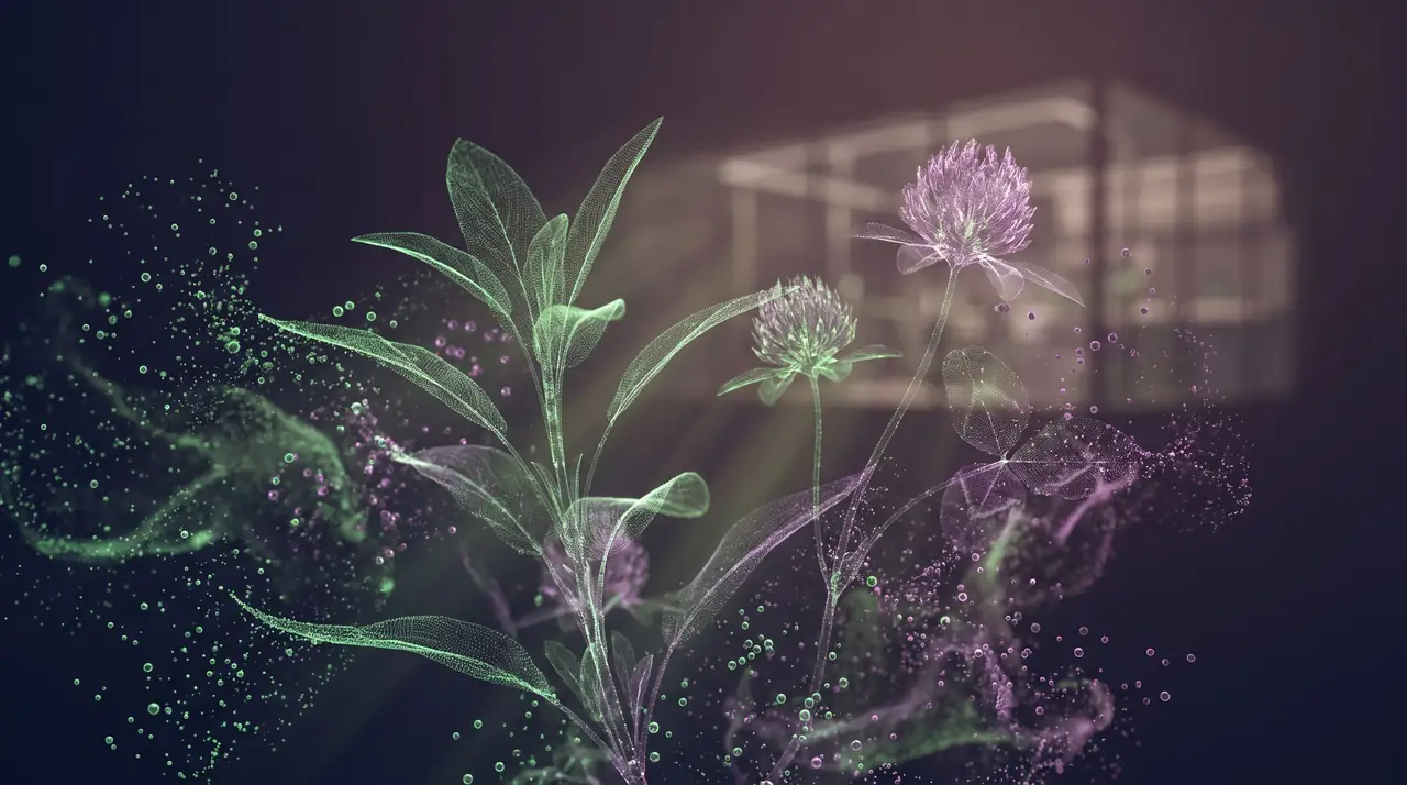 Abstract render of sage and clover botanicals dissolving into glowing particles