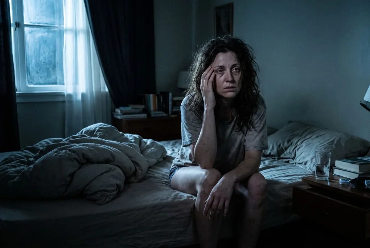 A woman awake at 3am on the edge of her bed, wired and unable to sleep