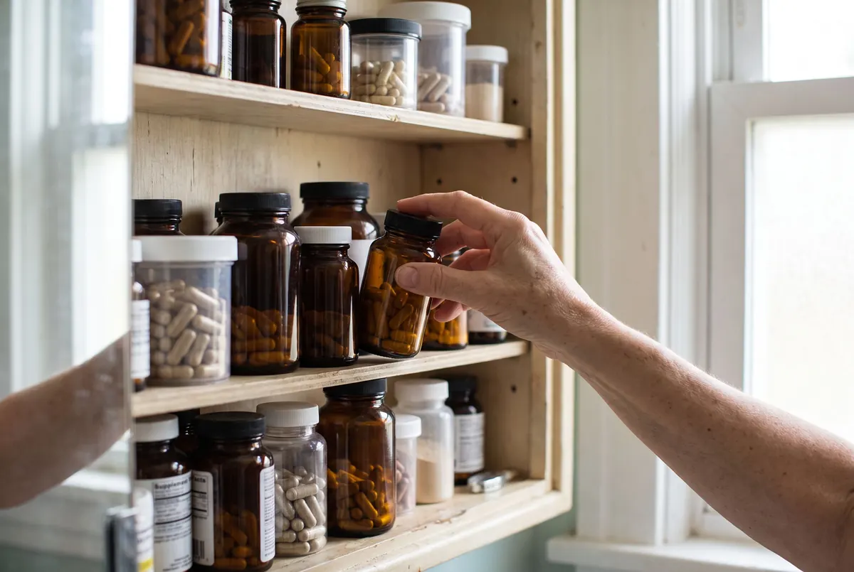 An open bathroom cabinet crowded with half used supplement bottles