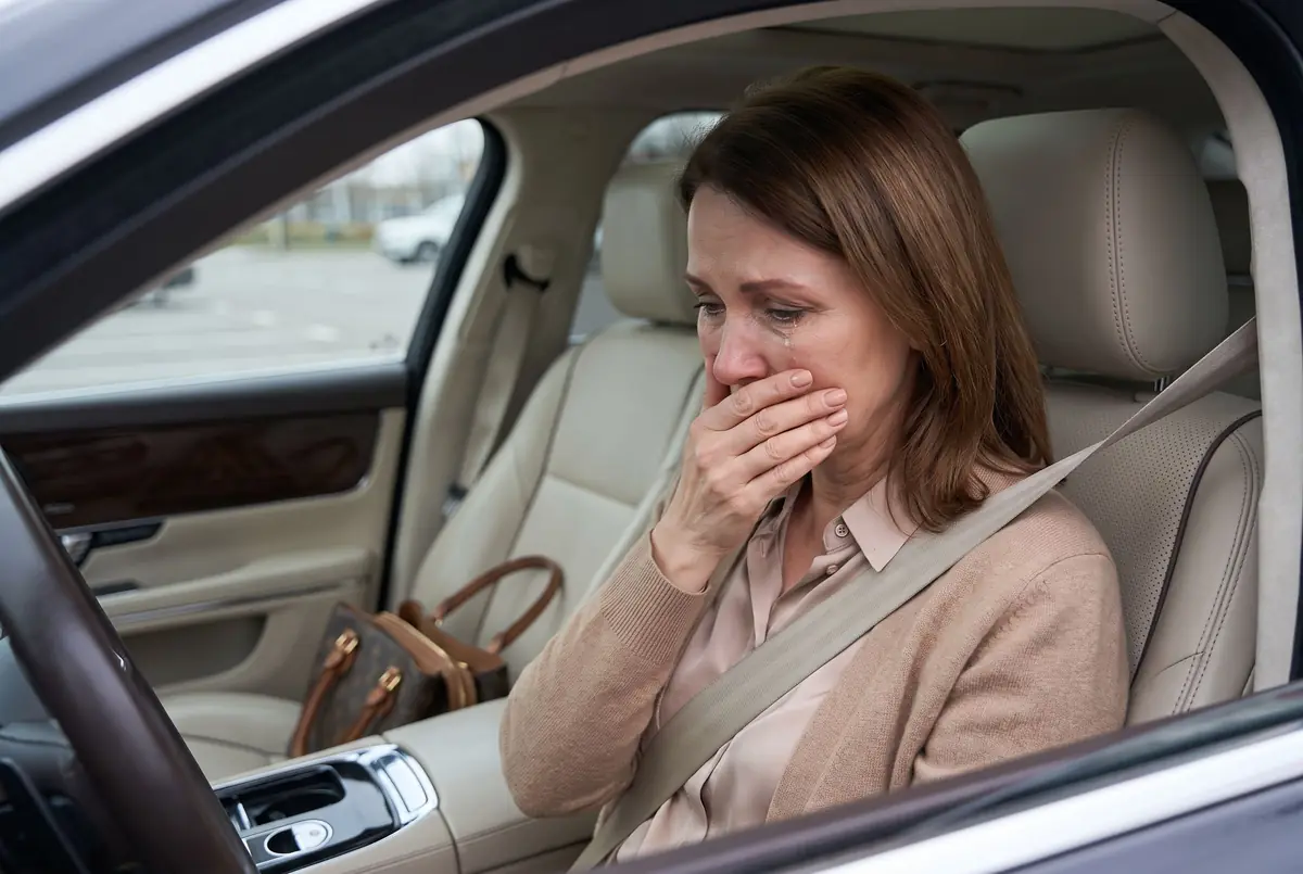 A woman crying alone in her parked car, having broken down without warning