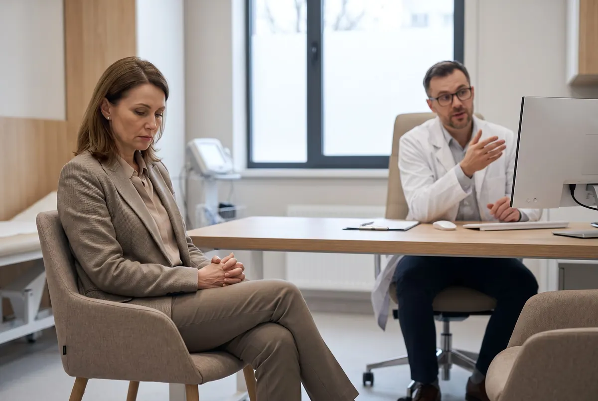 A doctor talking to a woman across a desk while half turned back to his computer screen, as she listens with a deflated expression