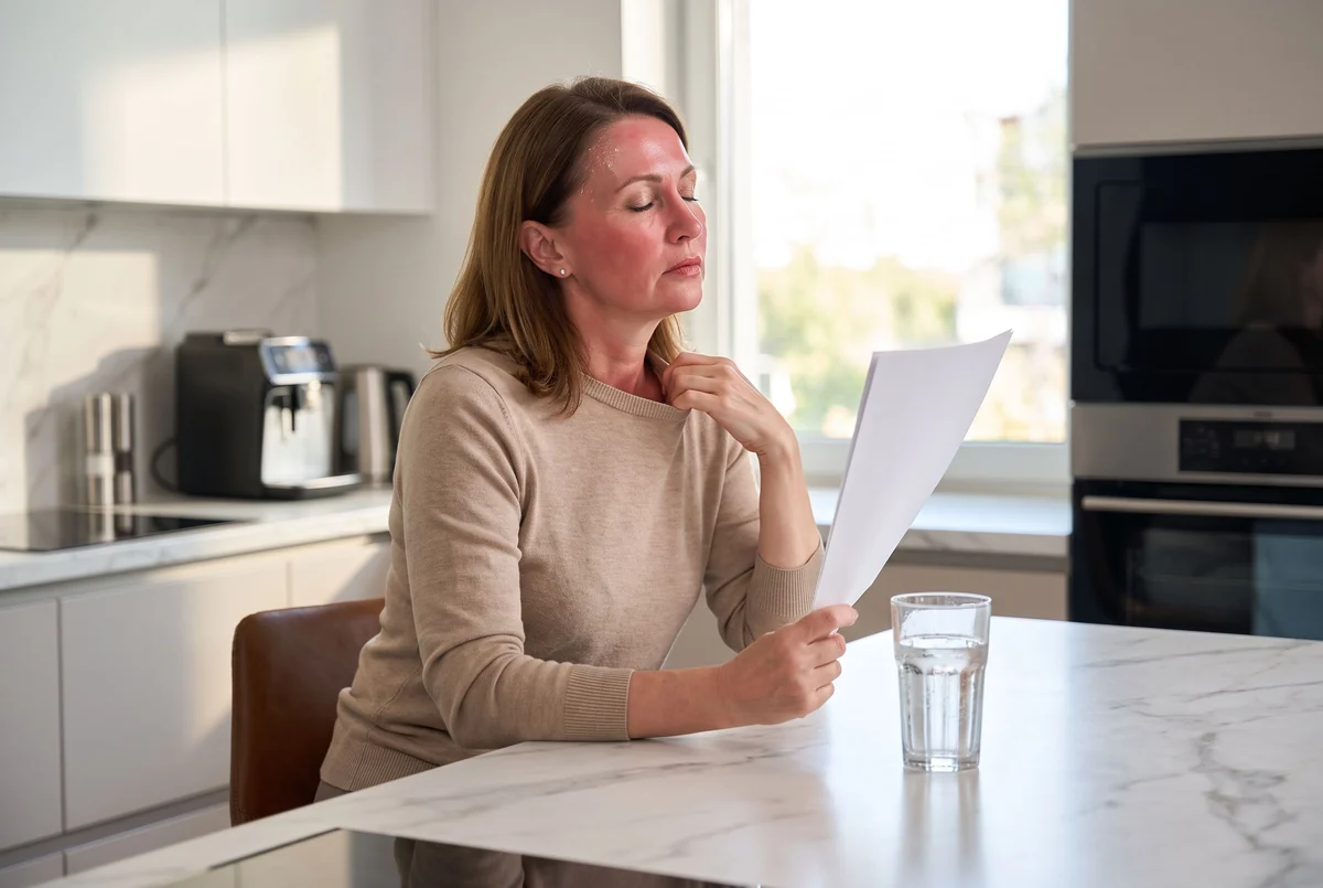 A woman mid hot flush at her kitchen island, flushed and fanning herself