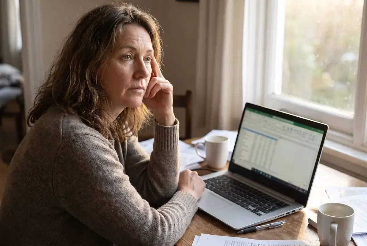 A woman at a desk staring blankly past her laptop, unable to focus