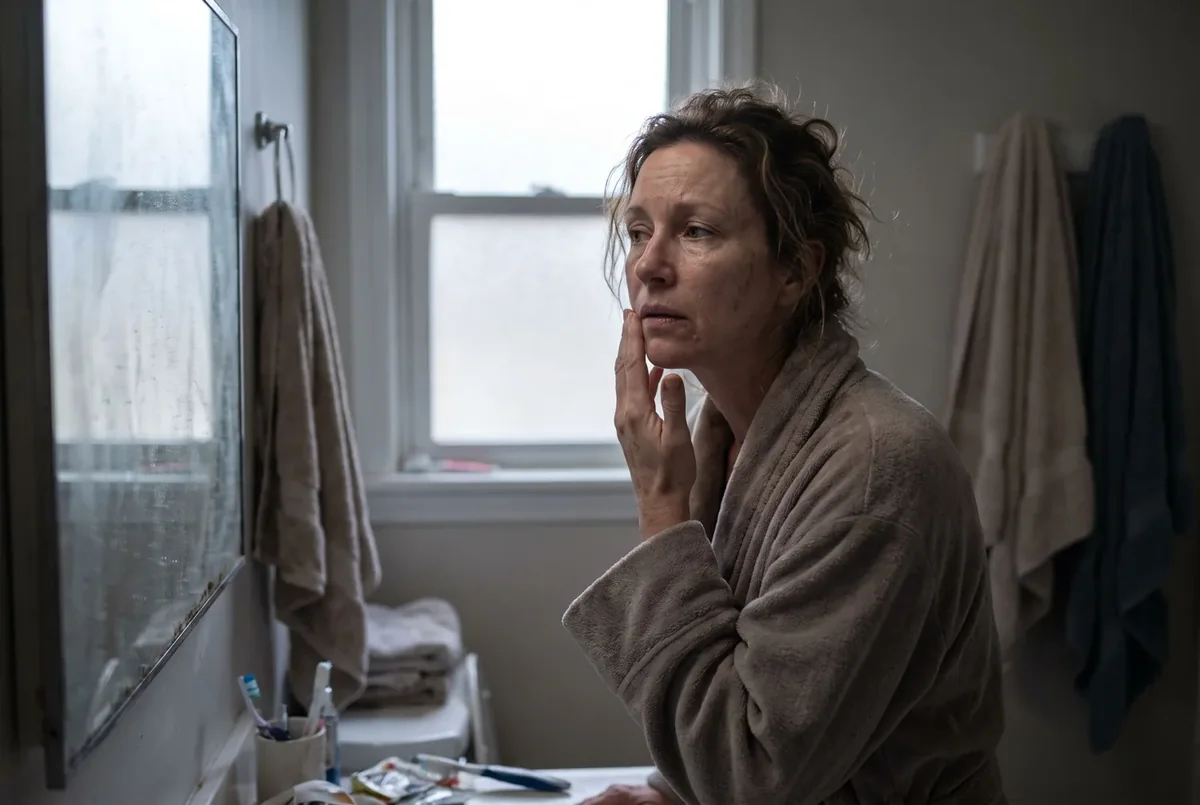 A woman looking at her reflection in a bathroom mirror, not recognising herself