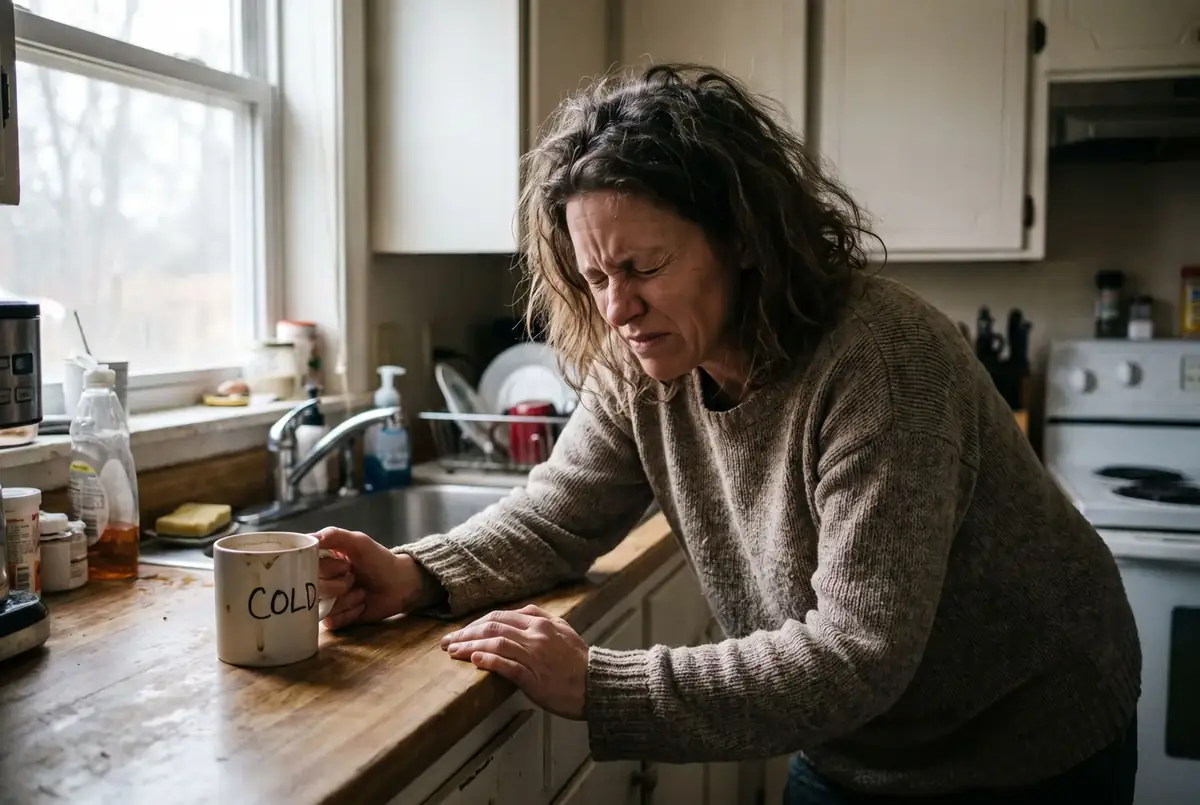 A woman gripping her kitchen counter in the morning, overwhelmed and on the edge of anger