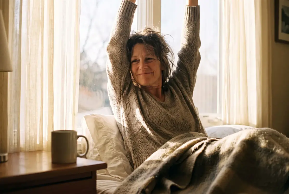 A woman waking rested in soft golden morning light, calm and at ease