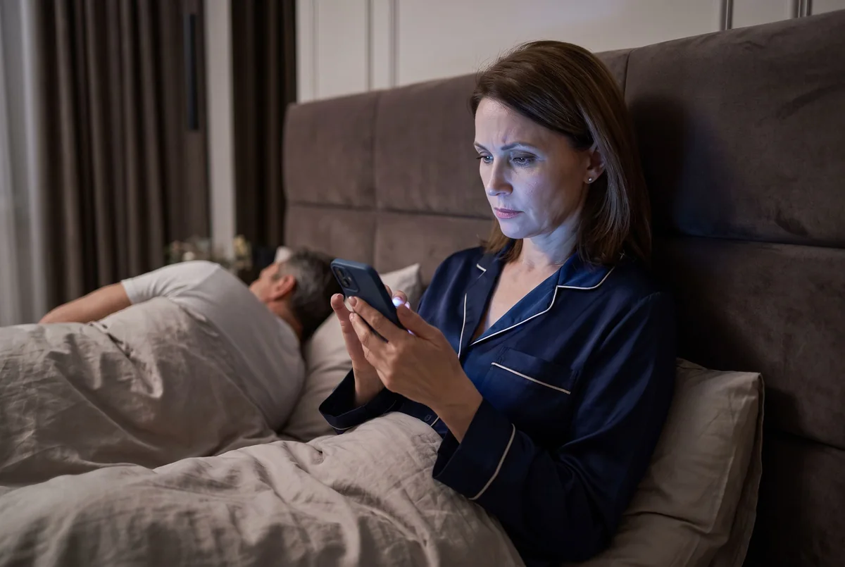 A woman propped up in bed at 3am reading on her phone, the screen the only light on her face