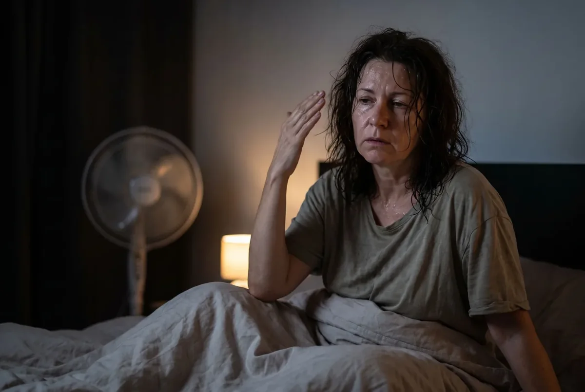 A woman awake at night in bed, too warm, fanning herself
