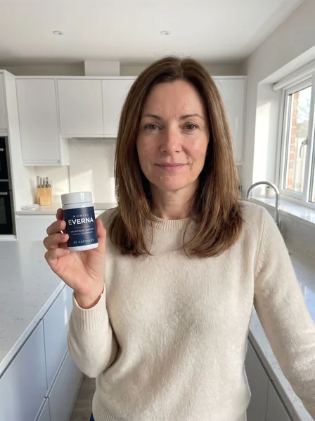 A woman in her late forties holding a mug of herbal tea in a cosy kitchen