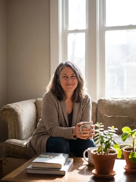 A rested woman in her fifties in a sunlit living room