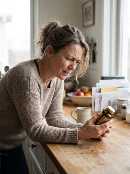 A woman reading the back of a supplement bottle at her kitchen counter