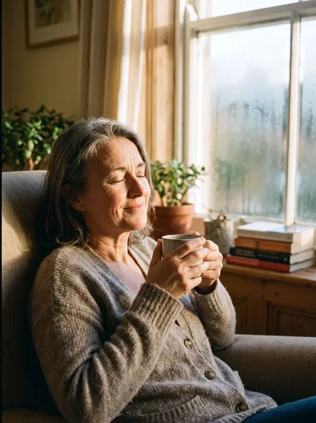 A woman by a bright window in the early morning, calm and settled